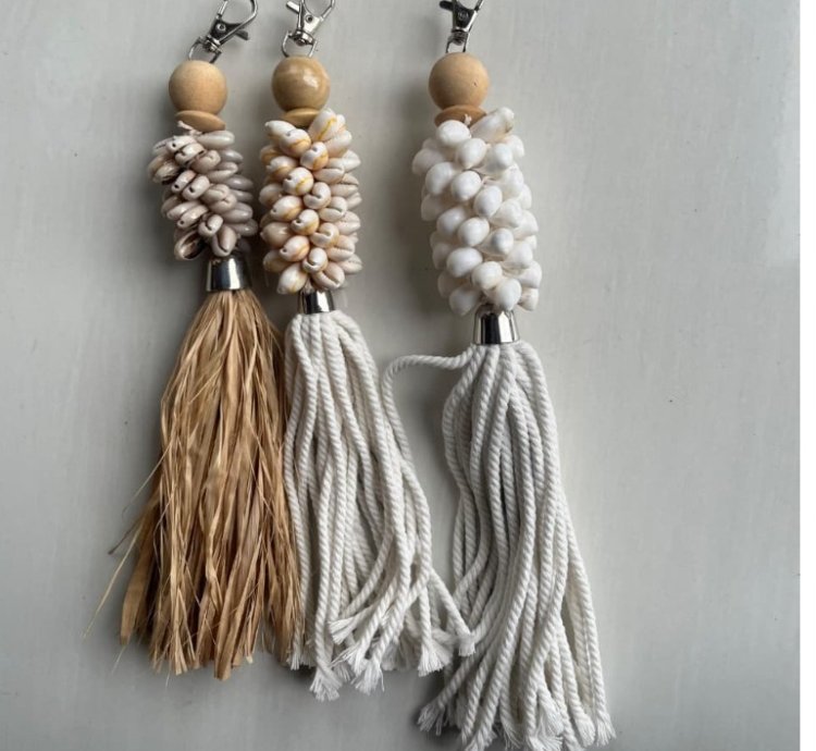 Mini Shell Macrame Tassel 35cm Bag Charm Boho Keychain Bali Hanging Decor Handmade