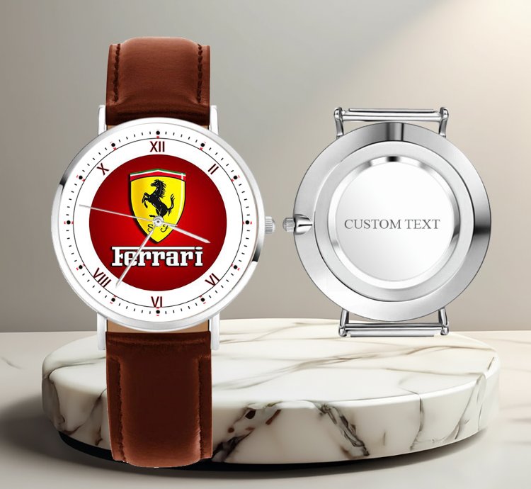 Ferrari Inspired Brown Leather Steel Luxury Watch For Men Racing Style Wristwatch Gift