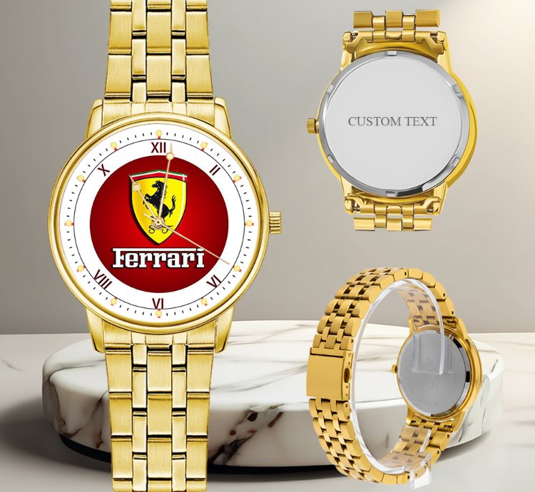 Ferrari Inspired Gold Stainless Steel Luxury Watch For Men Racing Style Wristwatch Gift