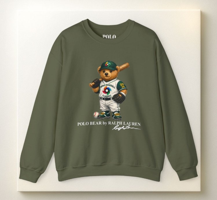 Polo Bear Baseball Sweatshirt Military Green World Classic 2026 Graphic Crewneck