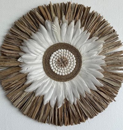Handmade Raffia Feather Macrame Wall Decor Boho Tropical Shell Wall Hanging Aesthetic Art