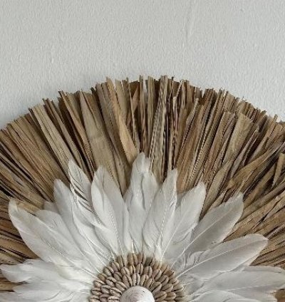 Handmade Raffia Feather Macrame Wall Decor Boho Tropical Shell Wall Hanging Aesthetic Art