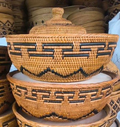Handmade Round Ate Basket With Floral Line Pattern 3537 Cm Decorative Woven Storage Box