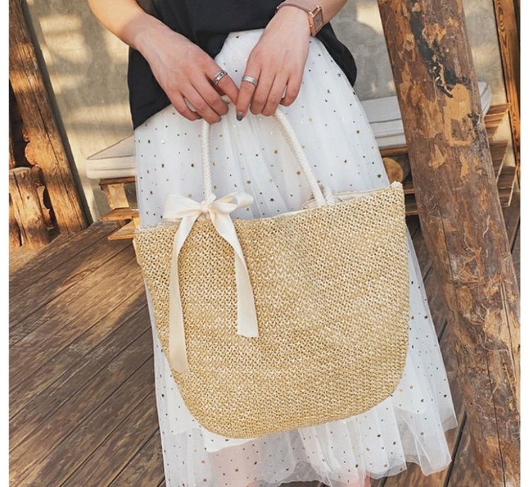 Boho Straw Tote Bag Woven Beach Handbag With Ribbon Large Summer Shoulder Bag