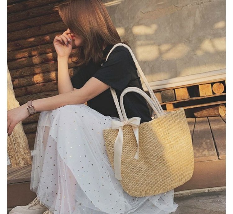 Boho Straw Tote Bag Woven Beach Handbag With Ribbon Large Summer Shoulder Bag