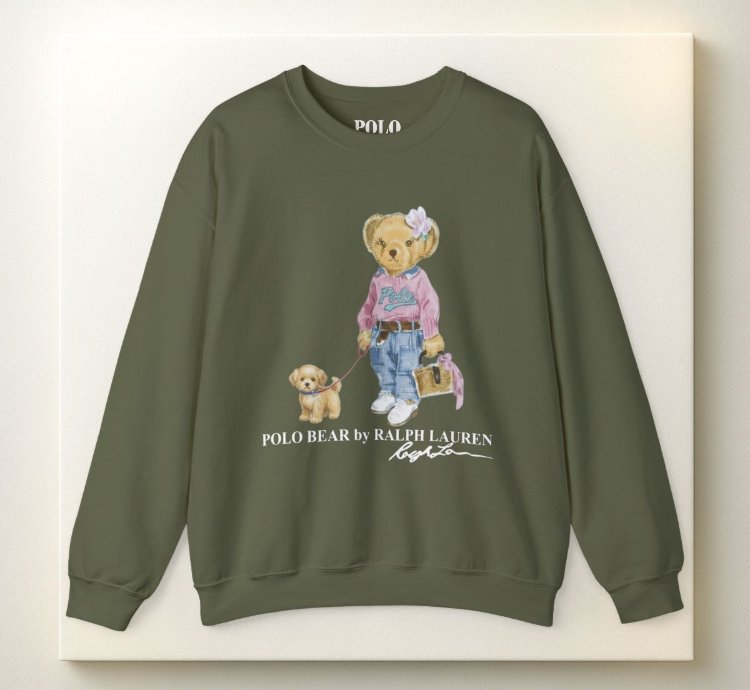 Cute Polo Bear Girl Walking Puppy Sweatshirt Military Green