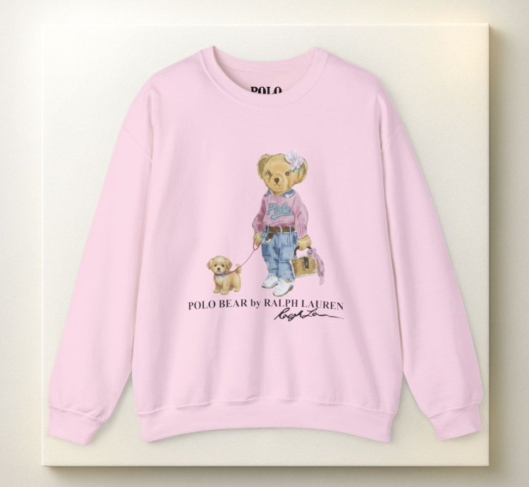 Cute Polo Bear Girl Walking Puppy Sweatshirt Light Blue