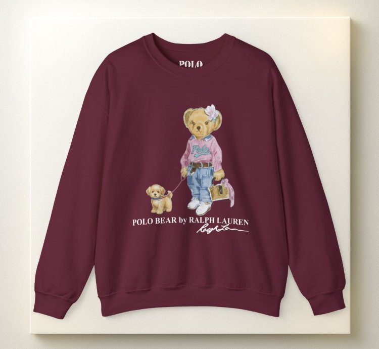 Cute Polo Bear Girl Walking Puppy Sweatshirt Maroon