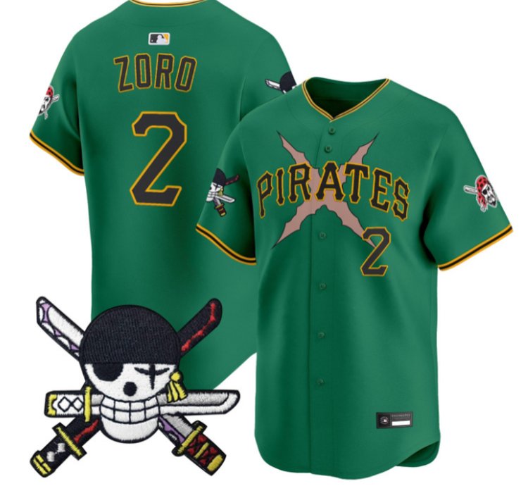 Zoro Jersey 2 Pittsburgh Pirates One Piece Zoro Patch Premier Stitched Green