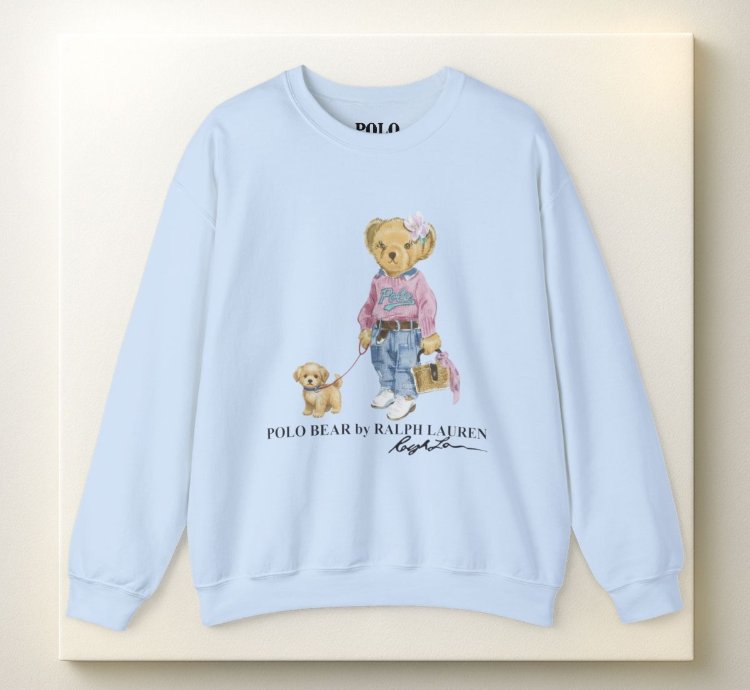 Cute Polo Bear Girl Walking Puppy Sweatshirt Light Blue
