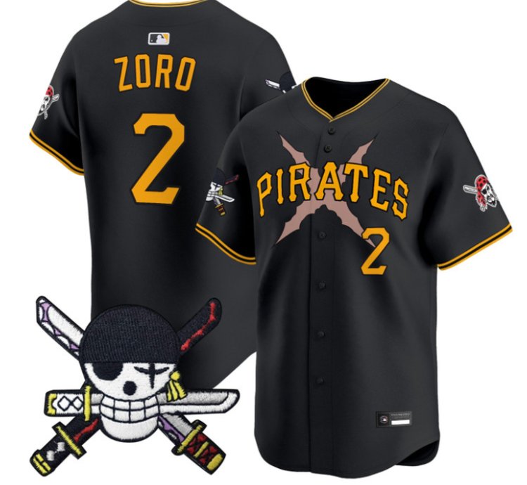 Zoro Jersey 2 Pittsburgh Pirates One Piece Zoro Patch Premier Stitched Black