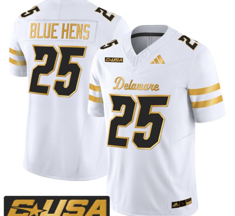 Blue Hens Jersey 25 Delaware Blue Hens 2025 Gold Vapor Stitched White Gold