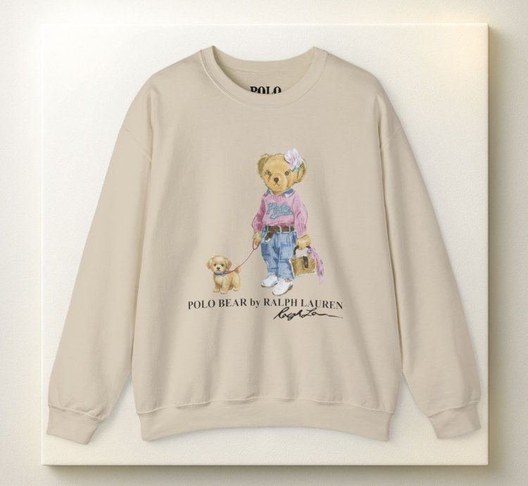 Cute Polo Bear Girl Walking Puppy Sweatshirt Sand