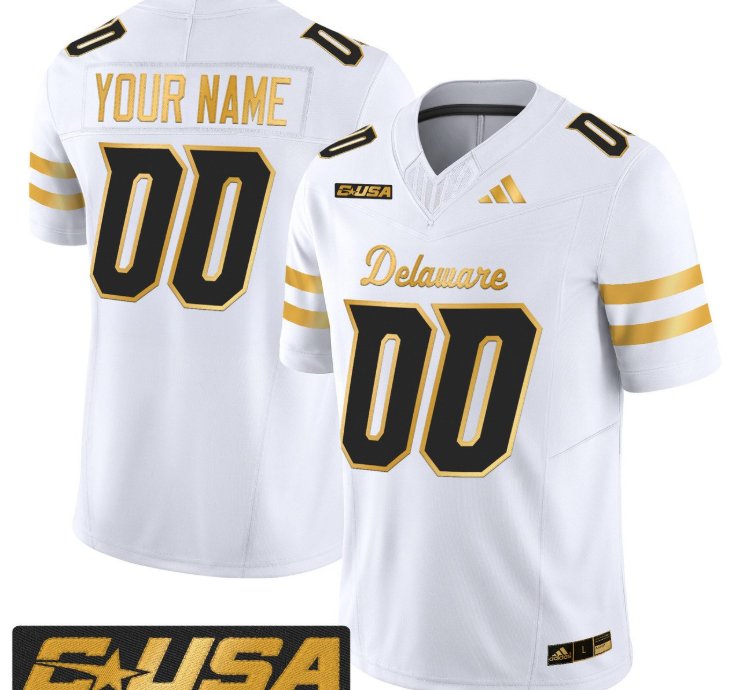 Custom Delaware Blue Hens Jersey 2025 Gold Vapor Limited Stitched White Gold