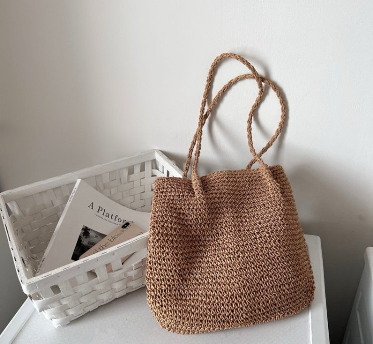 Boho Woven Straw Tote Bag Handmade Paper Grass Shoulder Bag