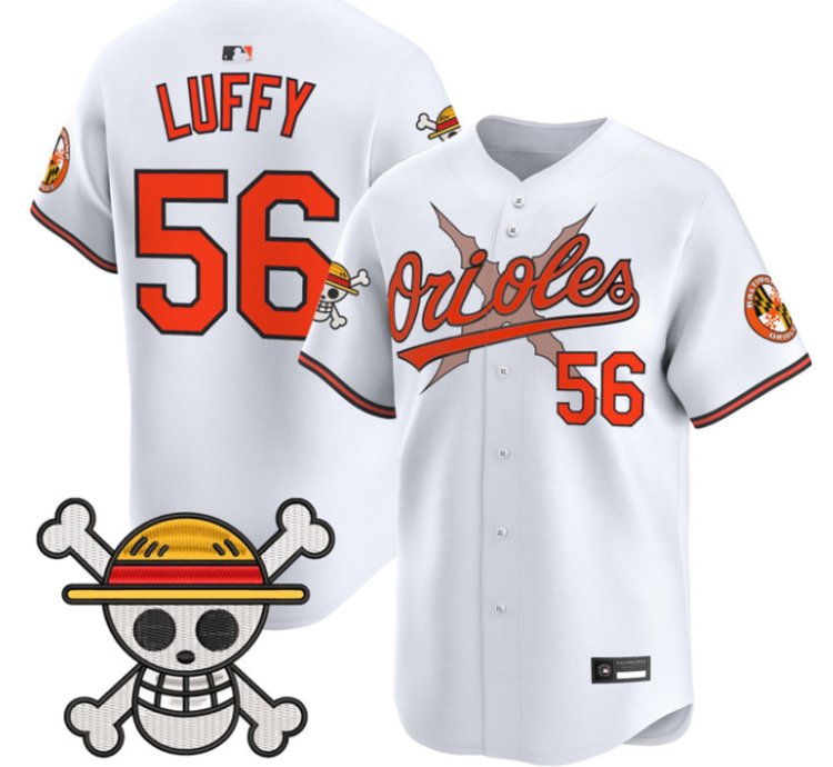 Luffy Jersey 56 Baltimore Orioles One Piece Premier Stitched White