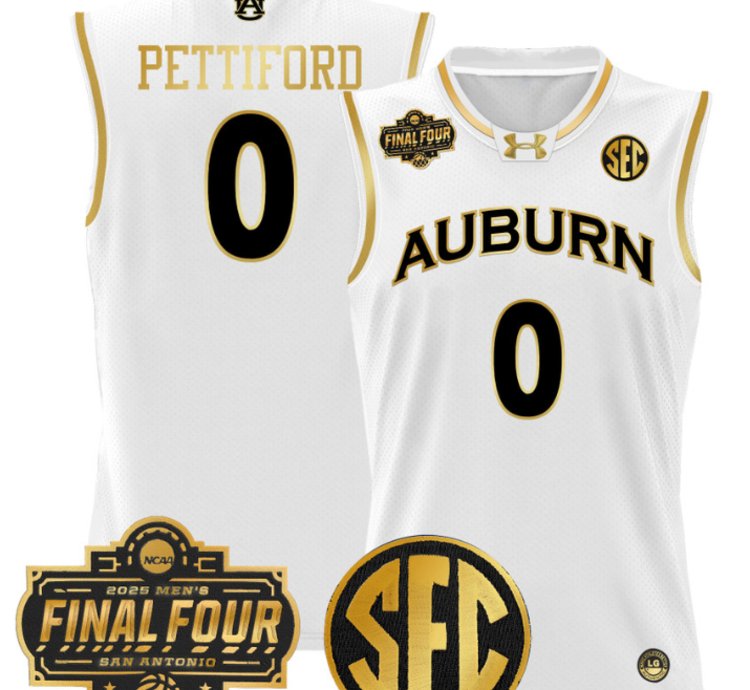 Tahaad Pettiford Jersey 0 Auburn Tigers 2025 Final Four Patch White Gold