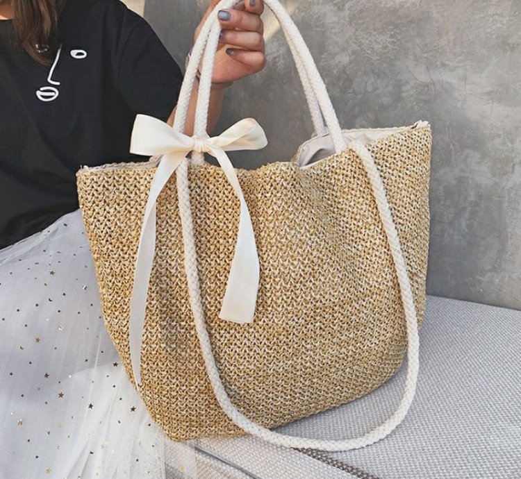Boho Straw Tote Bag Woven Beach Handbag With Ribbon Large Summer Shoulder Bag