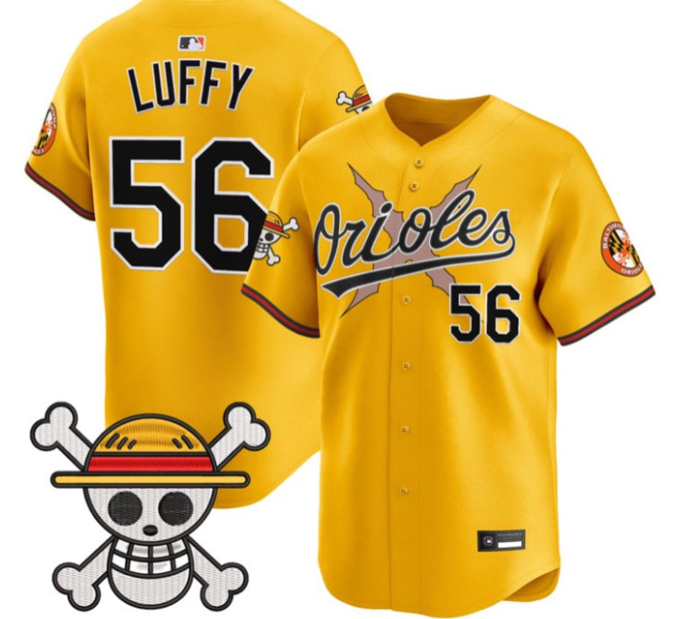 Luffy Jersey 56 Baltimore Orioles One Piece Premier Stitched Gold