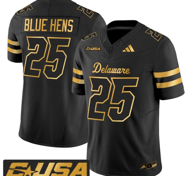 Blue Hens Jersey 25 Delaware Blue Hens 2025 Gold Vapor Stitched Black Gold