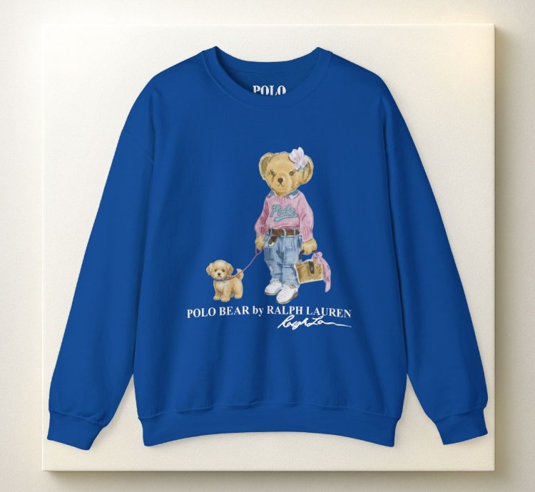 Cute Polo Bear Girl Walking Puppy Sweatshirt Royal Blue