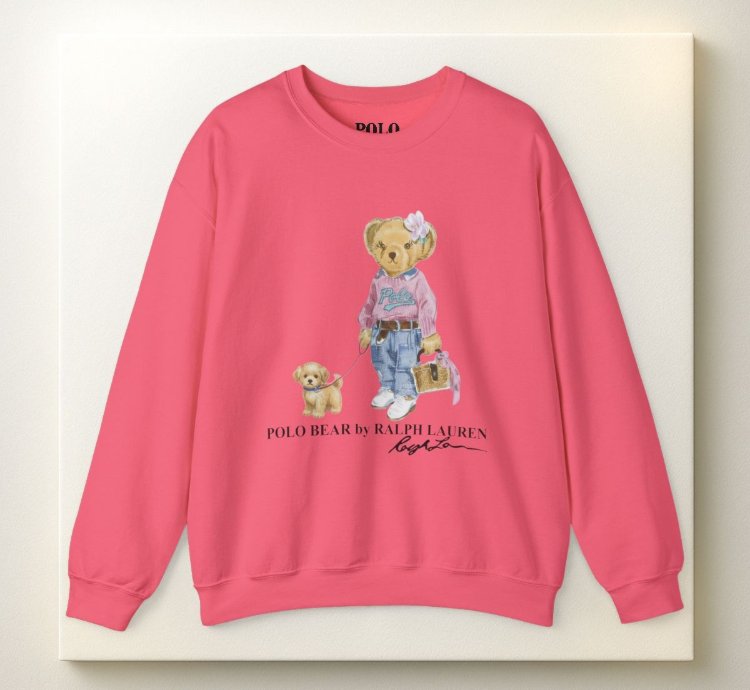 Cute Polo Bear Girl Walking Puppy Sweatshirt Safety Pink