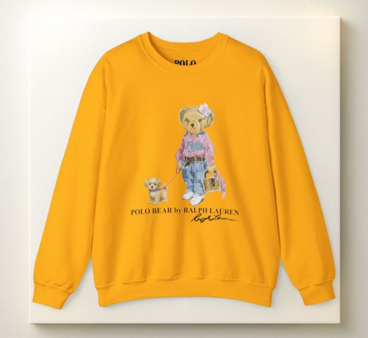 Cute Polo Bear Girl Walking Puppy Sweatshirt Gold