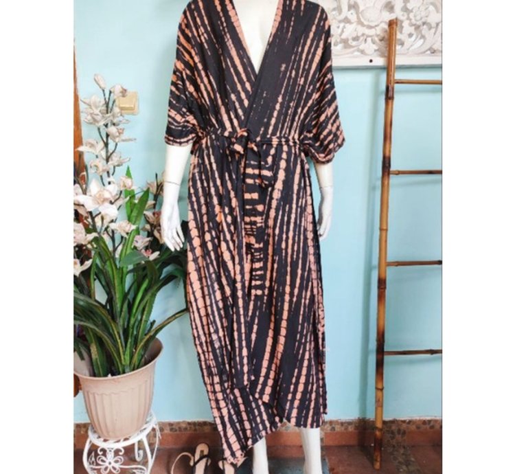Long Bali Kimono Robe Boho Tie Dye Maxi Kimono With Belt