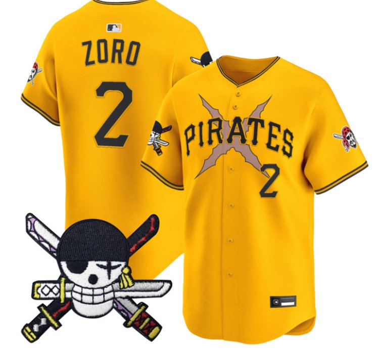 Zoro Jersey 2 Pittsburgh Pirates One Piece Zoro Patch Premier Stitched Gold