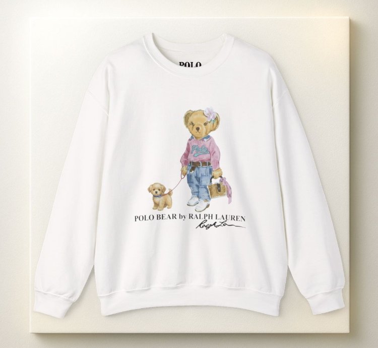 Cute Teddy Bear Girl Walking Puppy Sweatshirt White