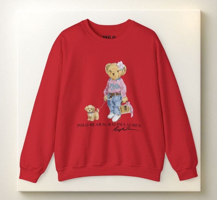 Cute Polo Bear Girl Walking Puppy Sweatshirt Red