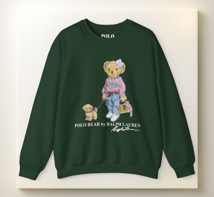 Cute Polo Bear Girl Walking Puppy Sweatshirt Forest Green