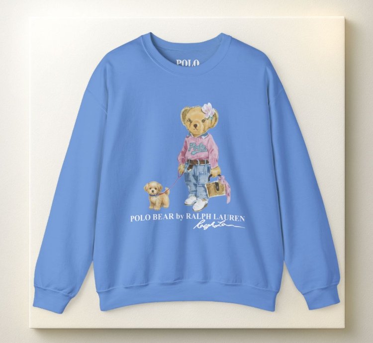 Cute Polo Bear Girl Walking Puppy Sweatshirt Carolina Blue