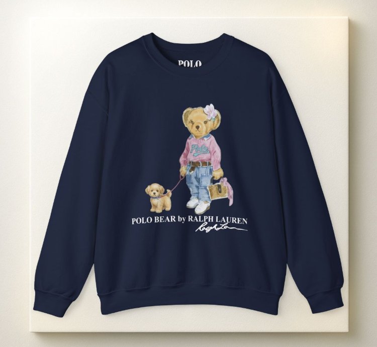 Cute Polo Bear Girl Walking Puppy Sweatshirt Navy