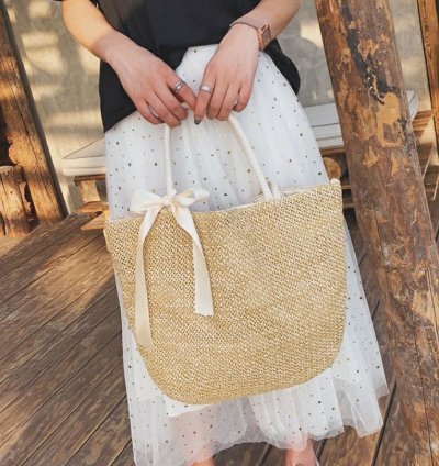 Boho Straw Tote Bag Woven Beach Handbag With Ribbon Large Summer Shoulder Bag