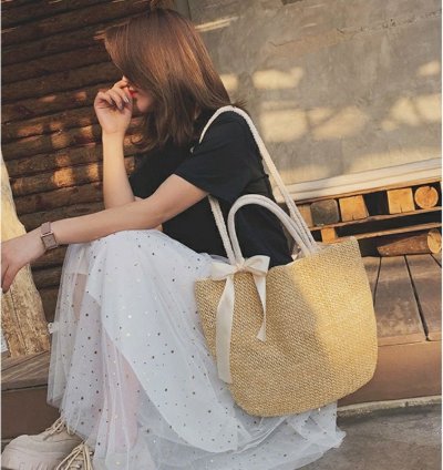 Boho Straw Tote Bag Woven Beach Handbag With Ribbon Large Summer Shoulder Bag