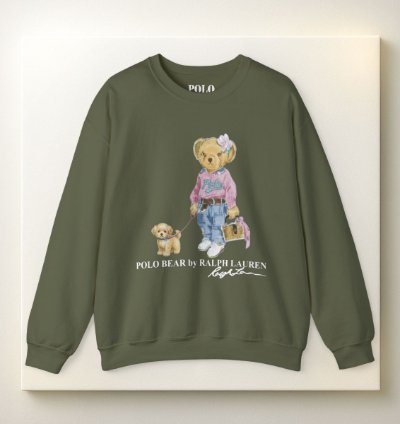 Cute Polo Bear Girl Walking Puppy Sweatshirt Military Green