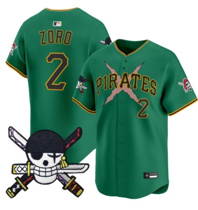 Zoro Jersey 2 Pittsburgh Pirates One Piece Zoro Patch Premier Stitched Green