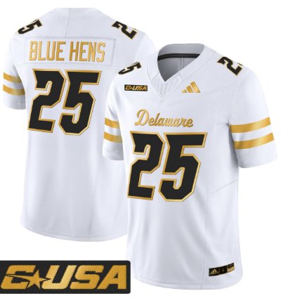 Blue Hens Jersey 25 Delaware Blue Hens 2025 Gold Vapor Stitched White Gold