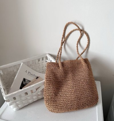 Boho Woven Straw Tote Bag Handmade Paper Grass Shoulder Bag
