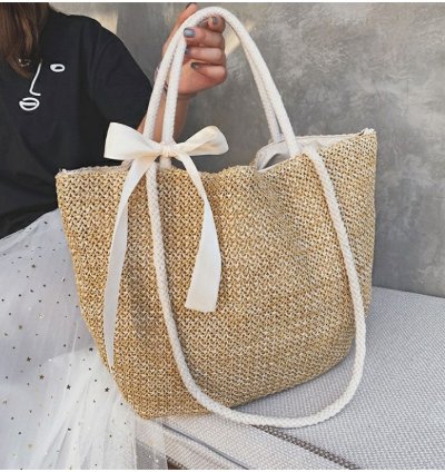 Boho Straw Tote Bag Woven Beach Handbag With Ribbon Large Summer Shoulder Bag