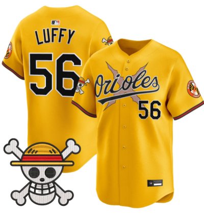 Luffy Jersey 56 Baltimore Orioles One Piece Premier Stitched Gold