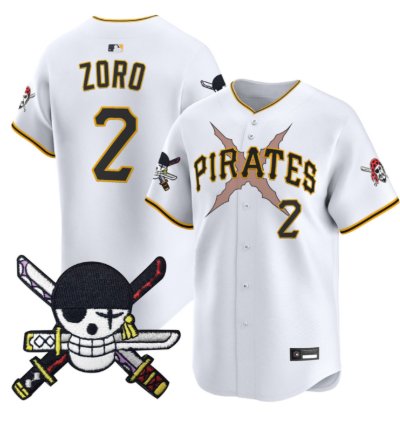 Zoro Jersey 2 Pittsburgh Pirates One Piece Zoro Patch Premier Stitched White