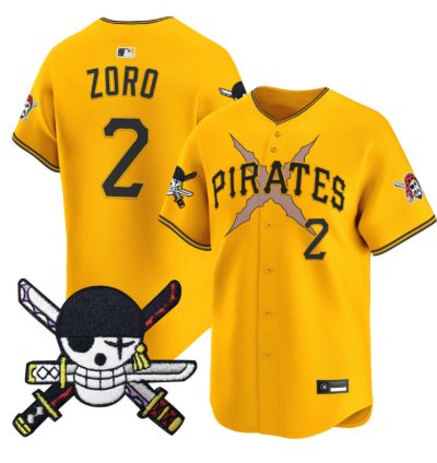Zoro Jersey 2 Pittsburgh Pirates One Piece Zoro Patch Premier Stitched Gold