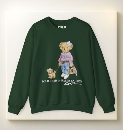 Cute Polo Bear Girl Walking Puppy Sweatshirt Forest Green