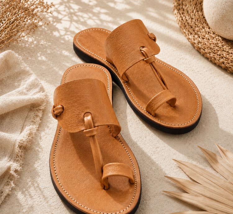 Handmade Genuine Leather Mens Sandals Tan Full Grain Leather Toe Ring Sandals Minimalist Summer Slide Sandals Casual ...