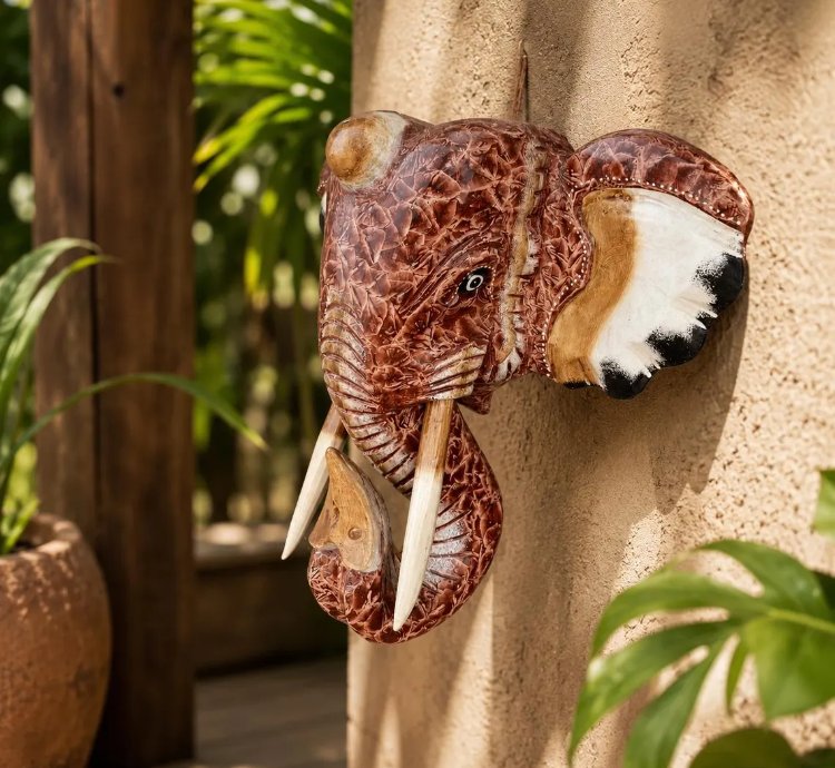 Hand Carved Elephant Head Wall Decor Balinese Albesia Wood Sculpture Boho Animal Art Accent In Red