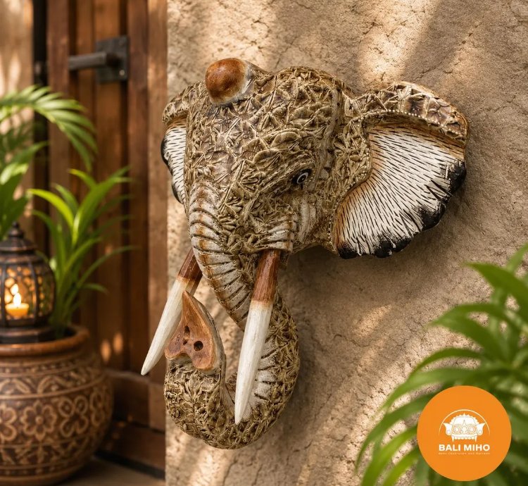 Hand Carved Elephant Head Wall Decor Balinese Albesia Wood Sculpture Boho Animal Art Accent Light Brown