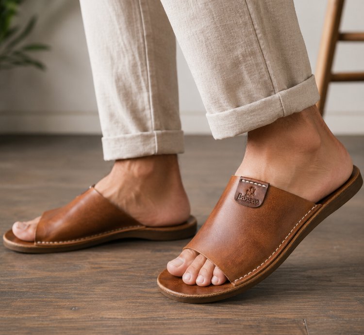 Mens 100 Genuine Cow Leather Sandals In Tan