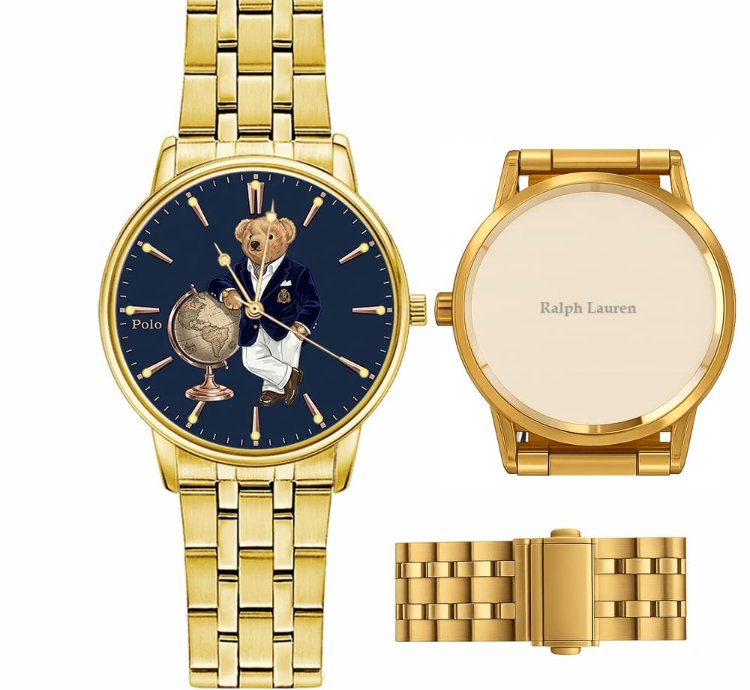 Elegant World Map Bear Navy Dial Mens Watch236 Gold Steel